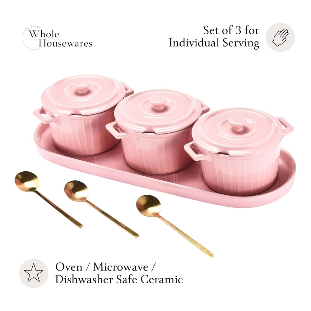 Whole Housewares Mini Ceramic Dutch Oven Set, Pink, Set of 3