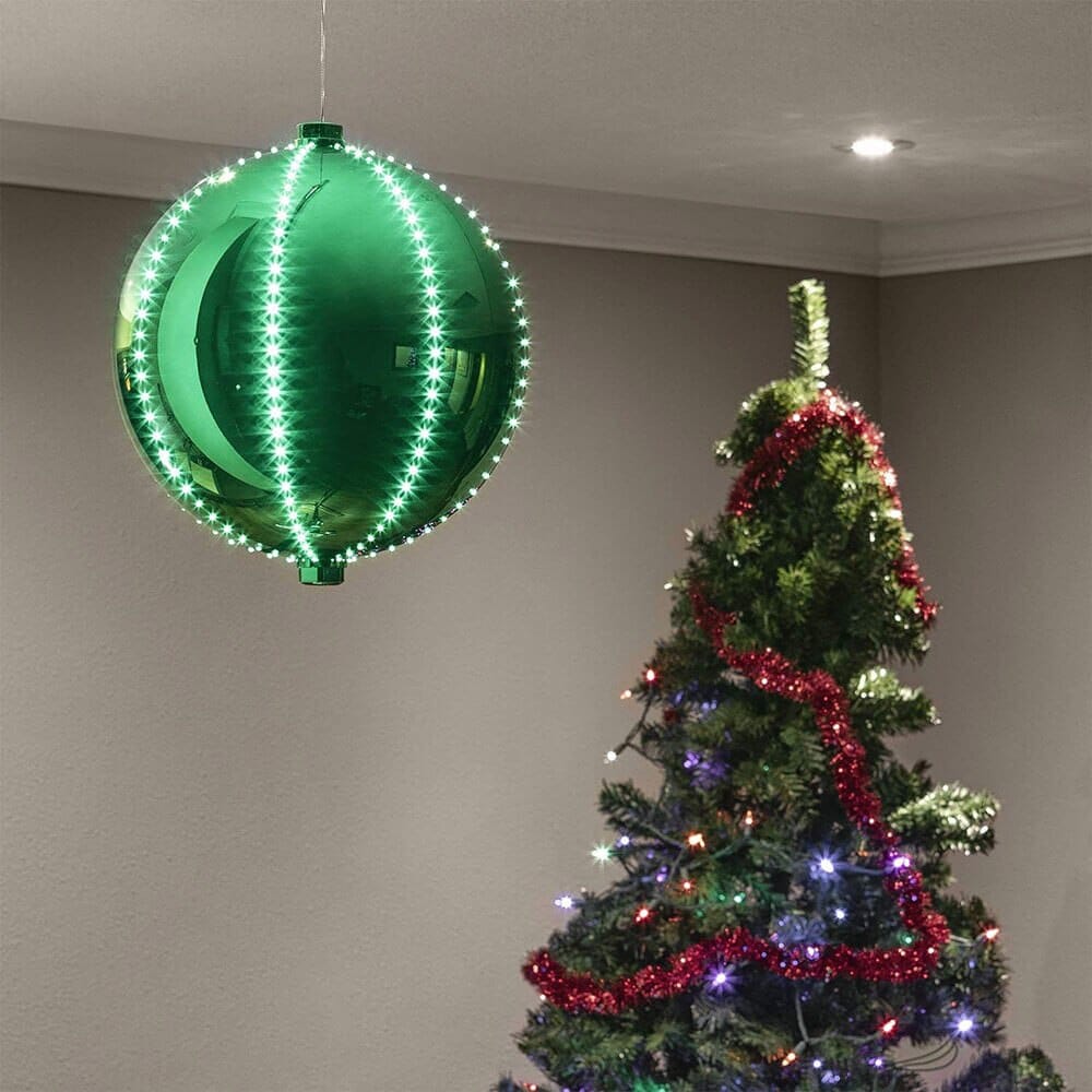 Alpine 13" Large Hanging Christmas Ball Ornament with 240 Warm White Chasing LED Lights & 6 Light Effects, Green