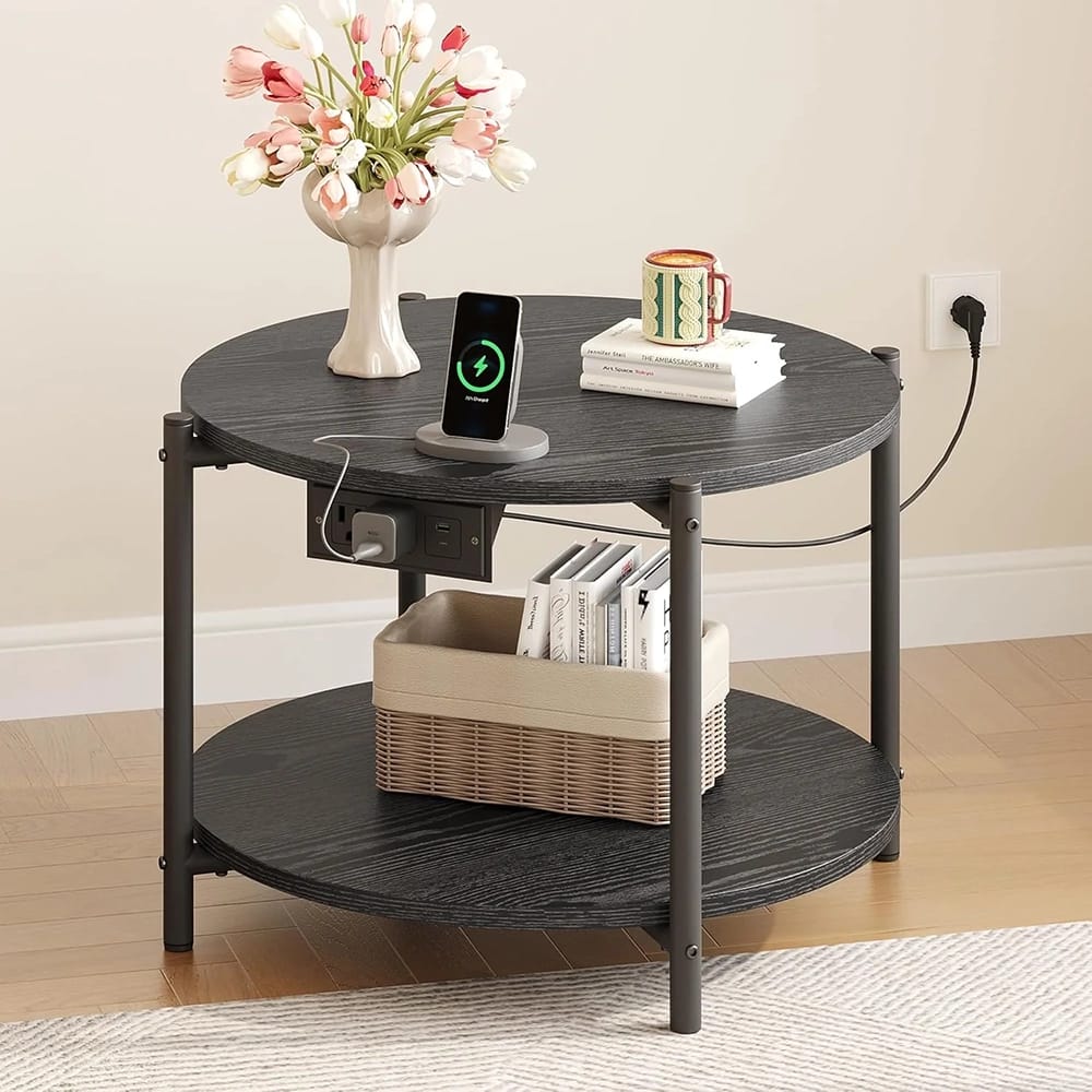 LIKIMIO 23.6" Double-Tiered Round End Tables with Charging Station, Black, 2 Count