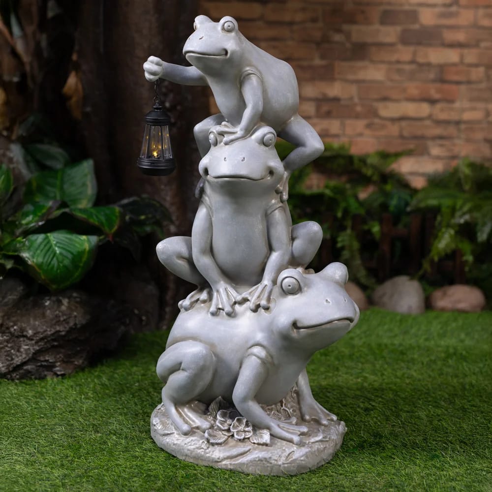 34" Stacked Frogs Solar Garden Statue