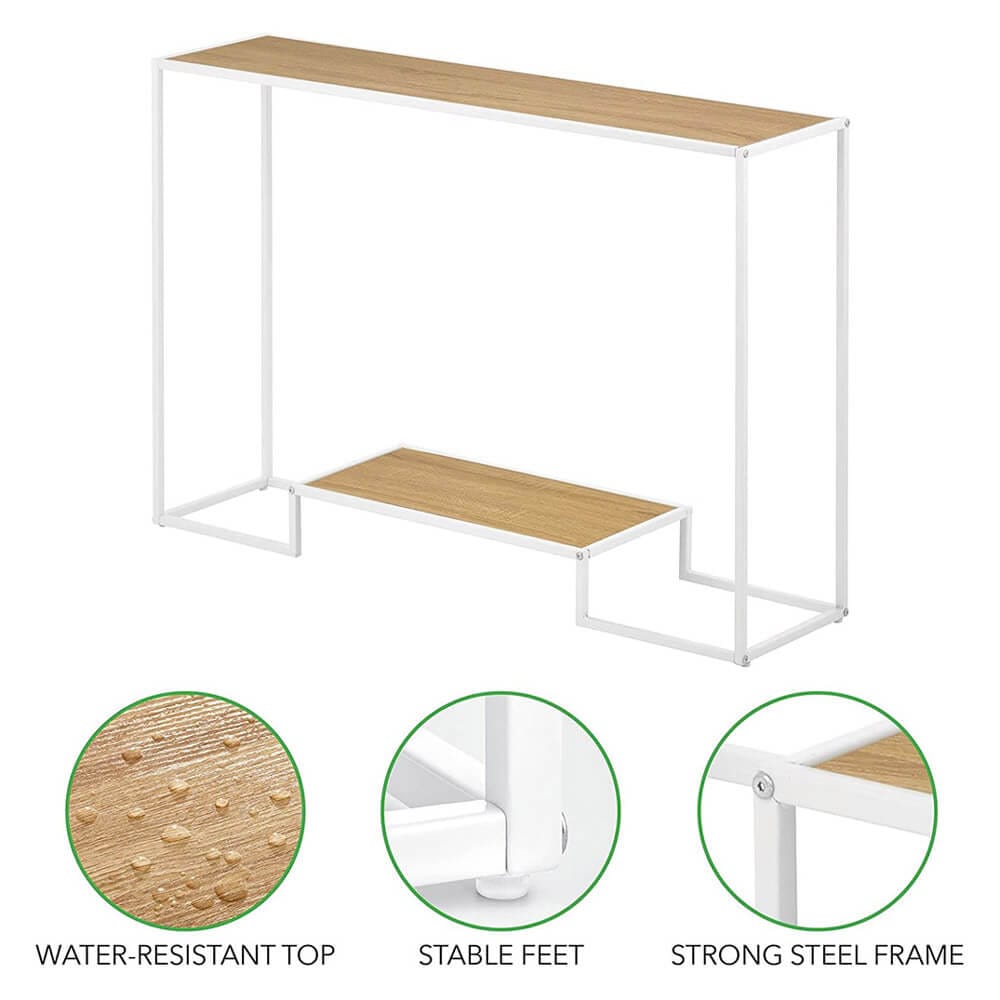 mDesign Modern Wood Inlay Console Table with Bottom Shelf, White/Modern Oak