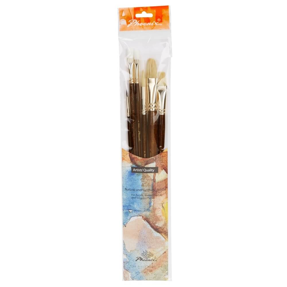 Phoenix Artists' Quality Natural and Synthetic Bristle Brushes, 6 Count