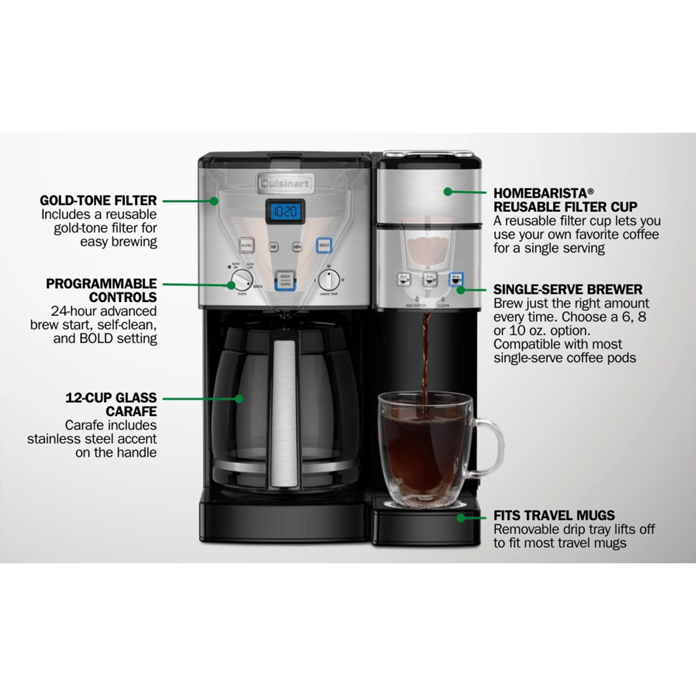 Cuisinart Stainless Steel Single Serve + 12 Cup Coffee Maker, Black
