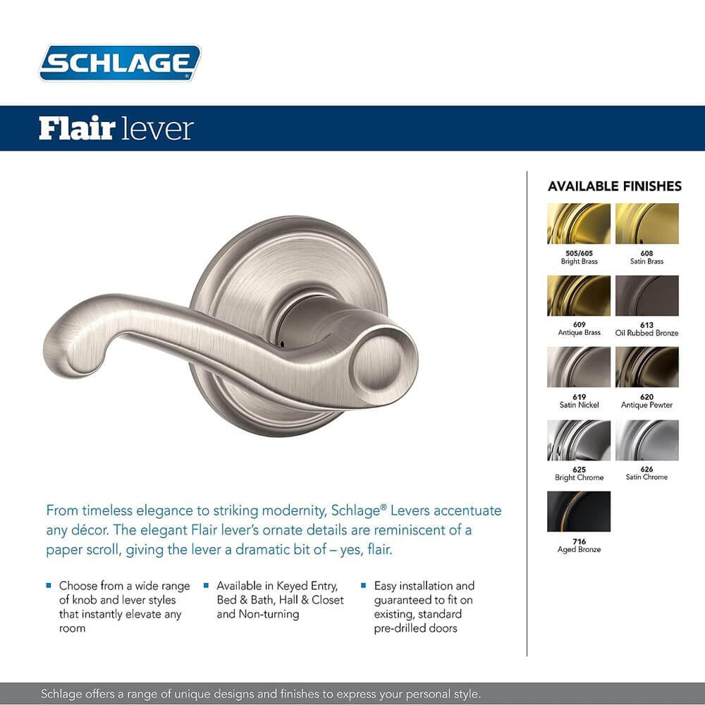 Schlage Flair Interior Left-Handed Door Lever with Deadbolt, Satin Nickel