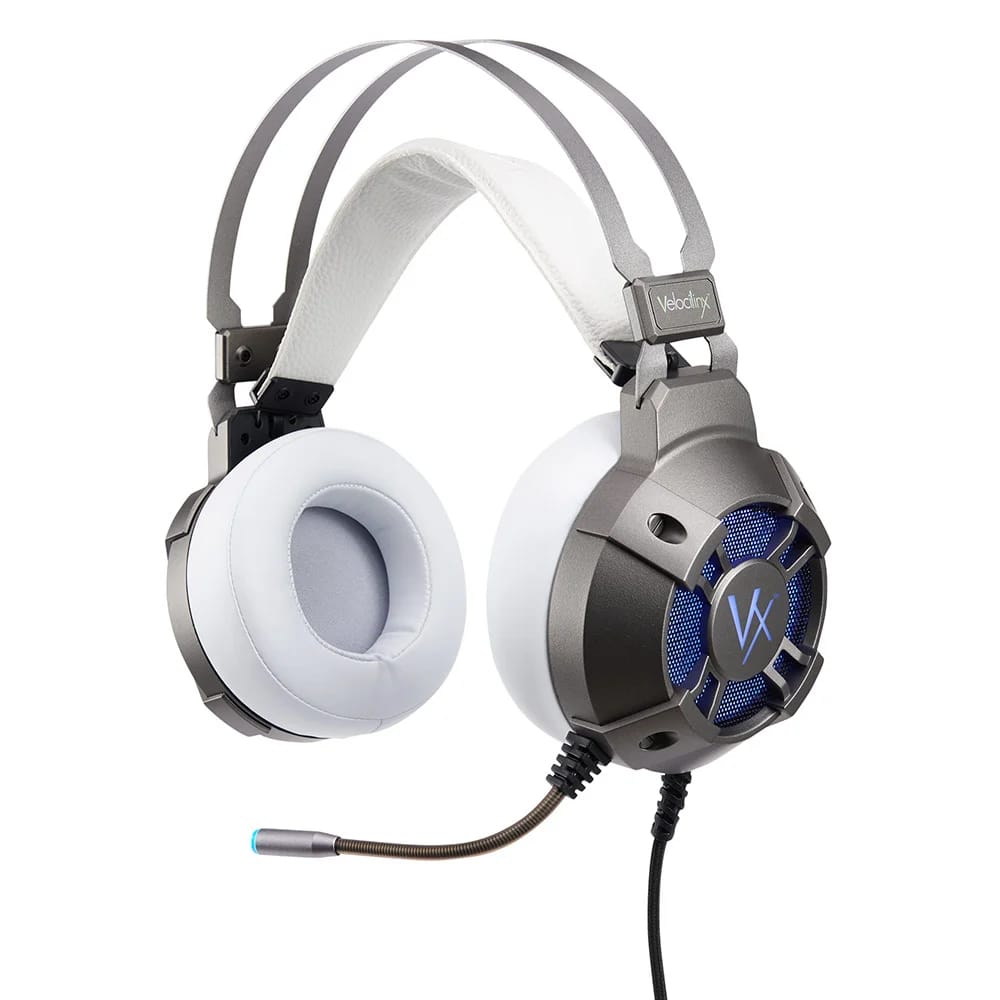 Velocilinx Surround Sound USB Gaming Headset, White/Silver