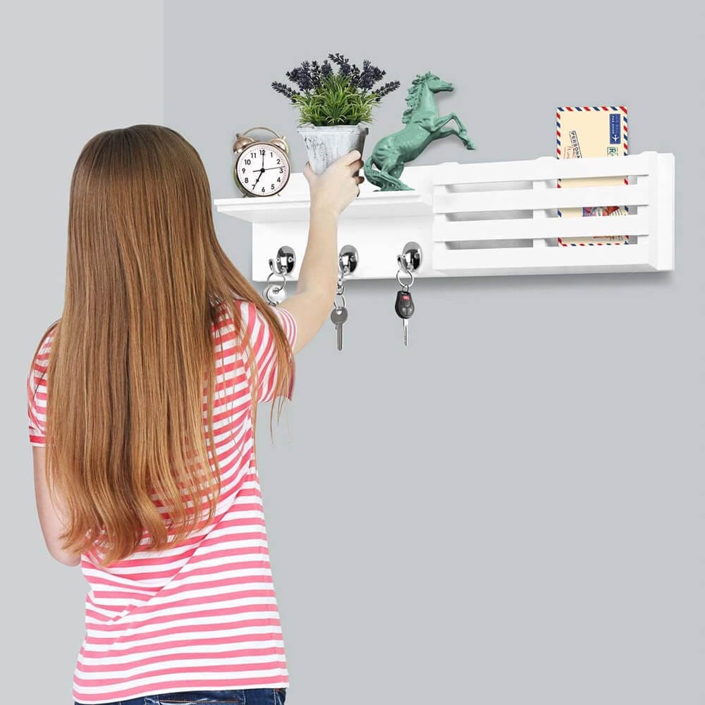 Greenco Entryway Wall-Mounted Floating Shelf with 3 Hooks, Letter Holder & Hanging Shelf, White