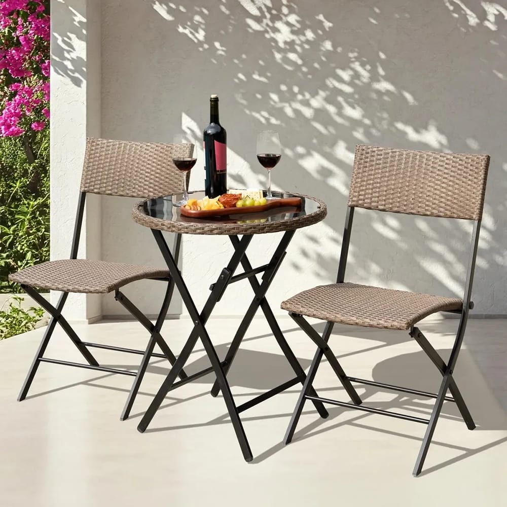 Idzo 3-Piece Metal Wicker Bistro Set With Glass Round Table