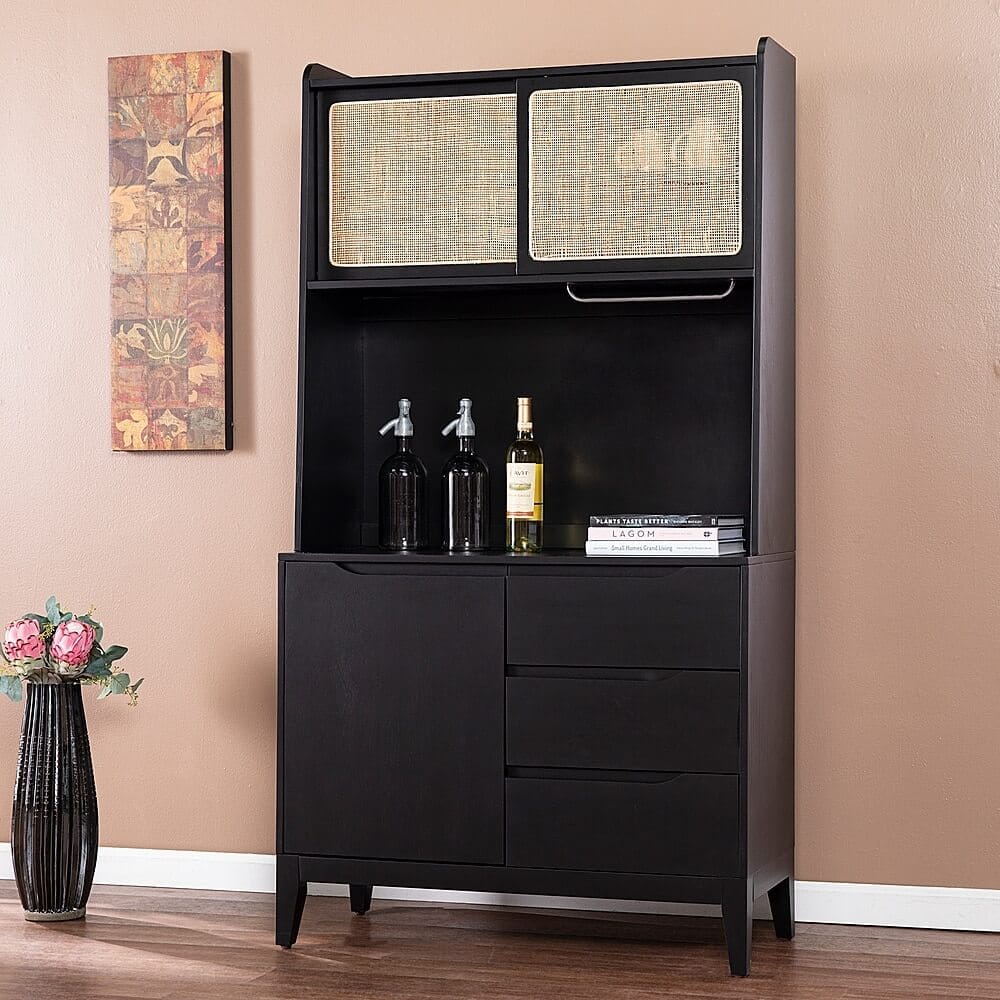 Southern Enterprises Carondale Tall Buffet Cabinet with Storage, Black/Natural Finish