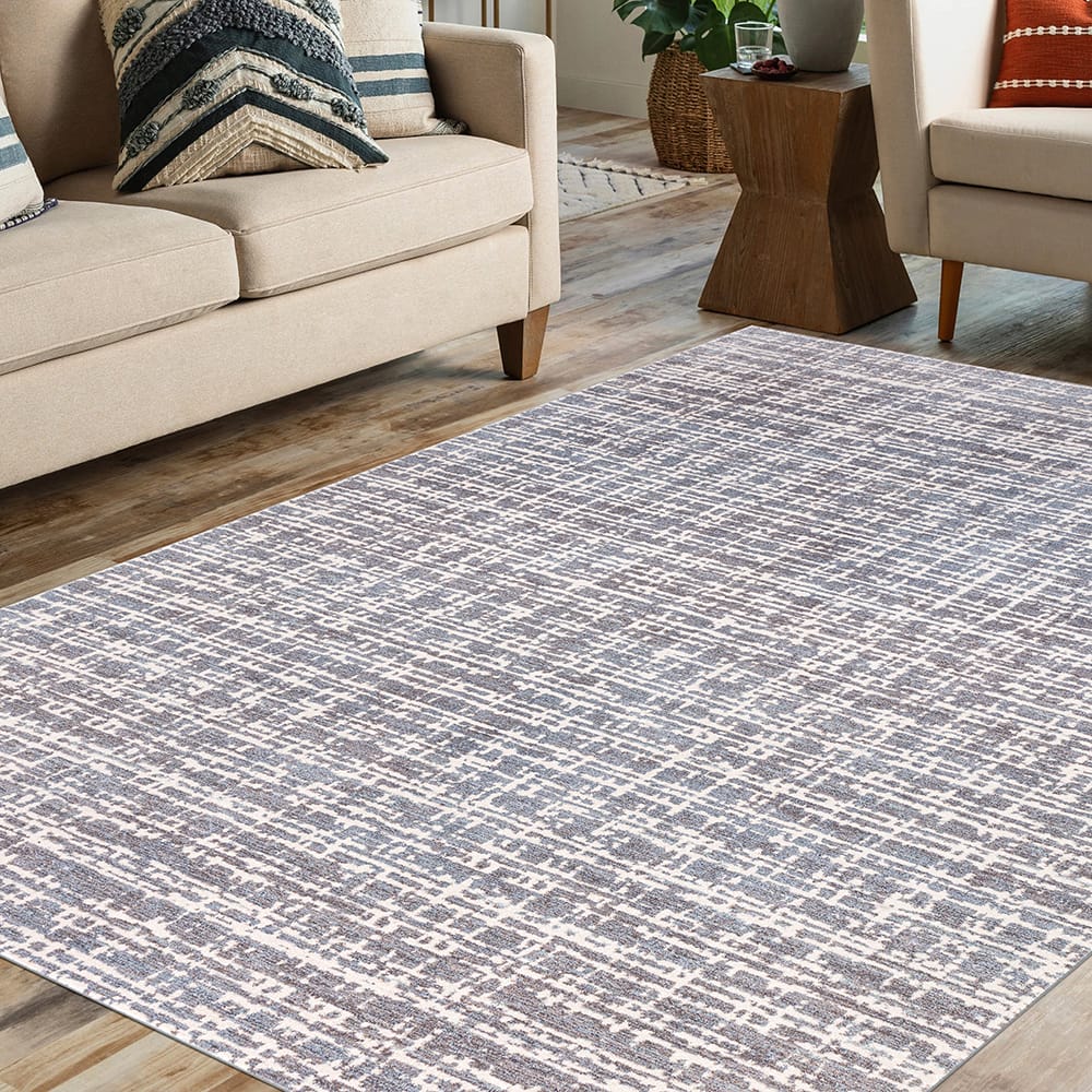 Hazel Collection 9' x 12' Grid Area Rug, Blue, Ivory & Gray