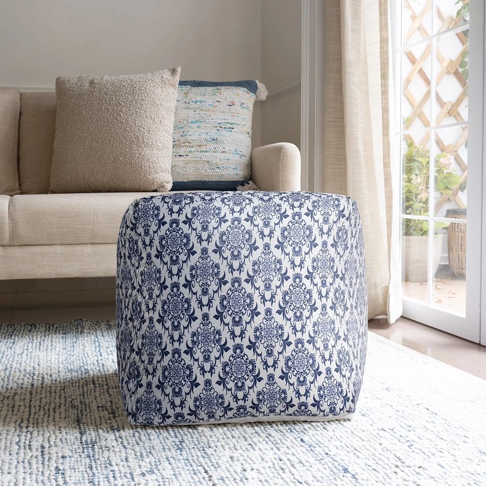 LR Home Floral Lattice Pouf, Blue/White