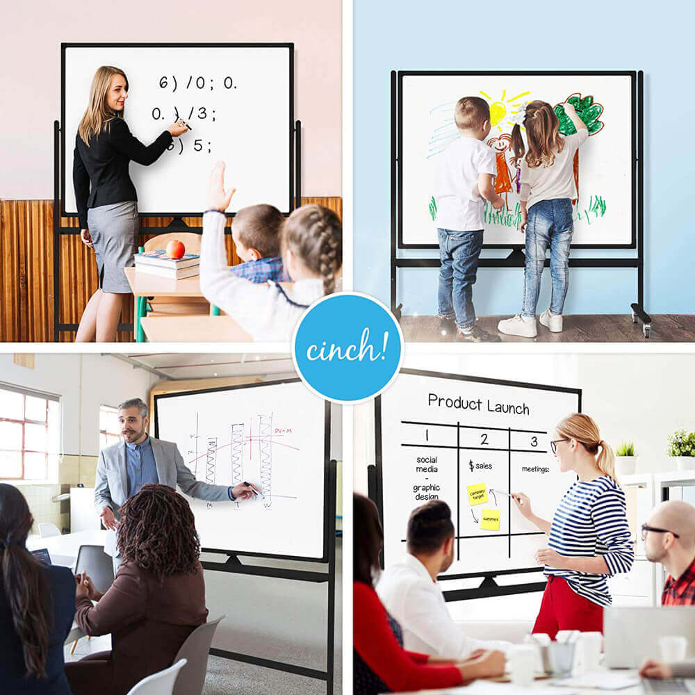 Cinch! Large Mobile Rolling Whiteboard on Wheels, 48" x 36", Black