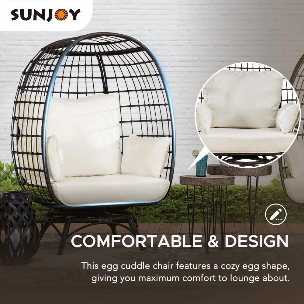 Sunjoy Metal Frame Swivel Egg Cuddle Chair with Cushions, Brown