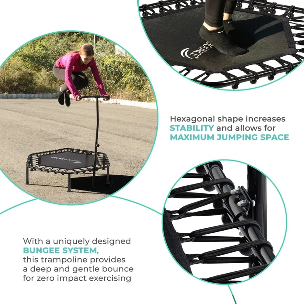 Machrus Upper Bounce Hexagonal Mini Trampoline with Adjustable T-Shaped Handrail, Black, 40"