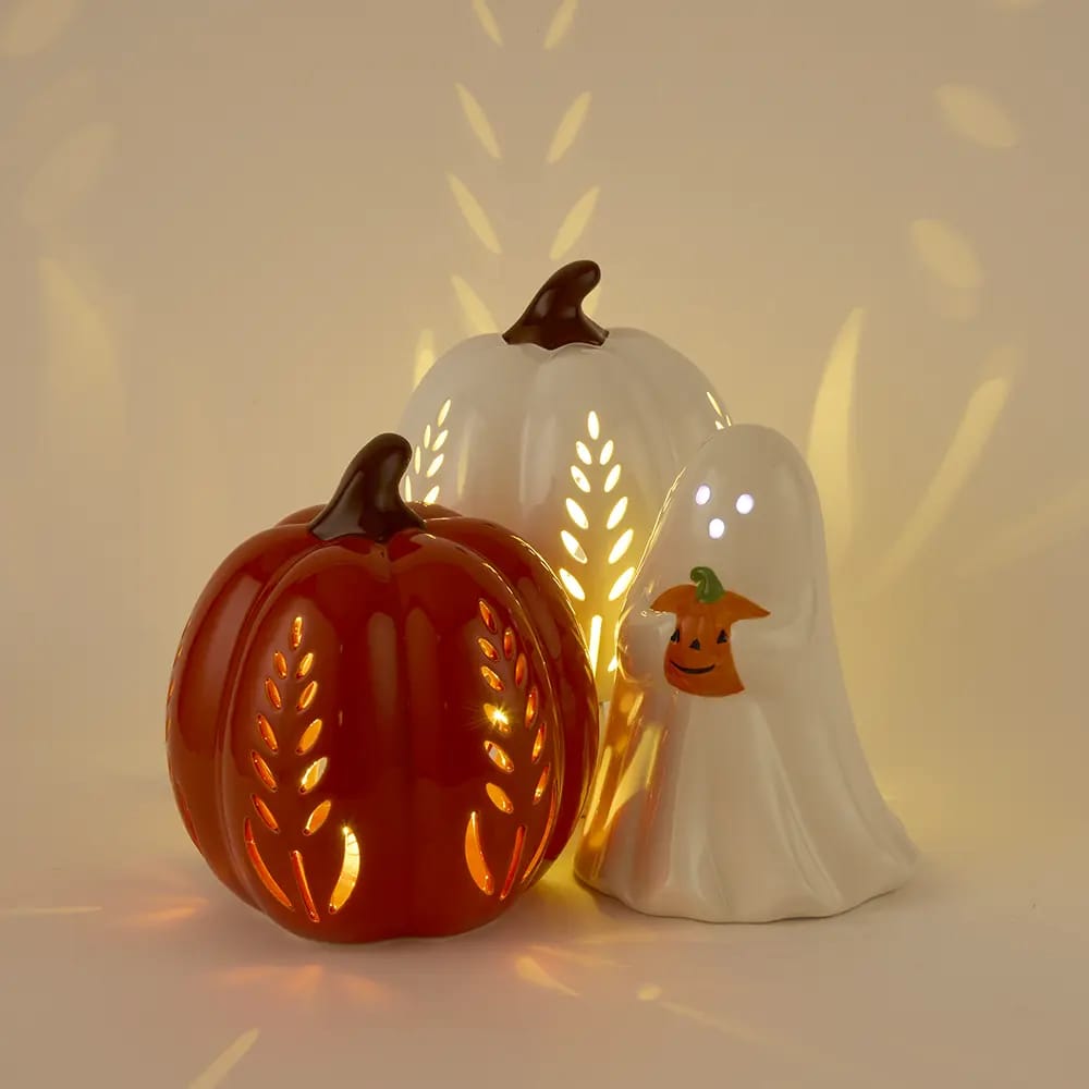 Ghost Holding Pumpkin LED Ceramic
