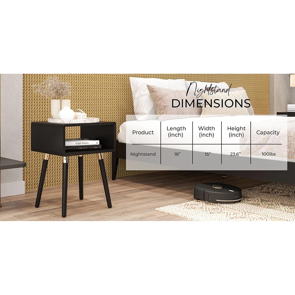Bme Dinkee Solid Wood Nightstand, Black