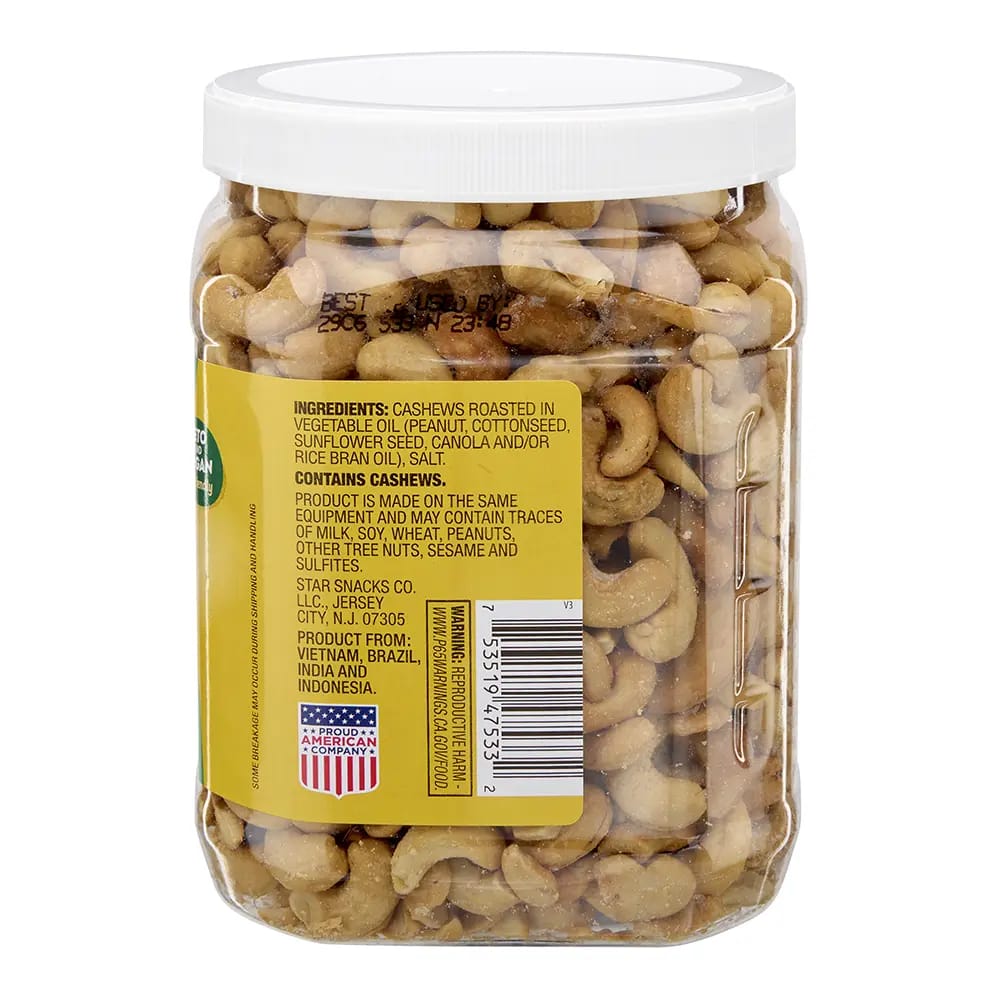Star Snacks Whole Cashews, Roasted & Salted, 30 oz