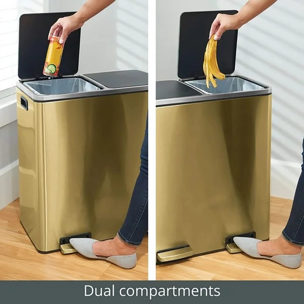 mDesign Metal Dual Compartment Step Trash Can, Soft Brass