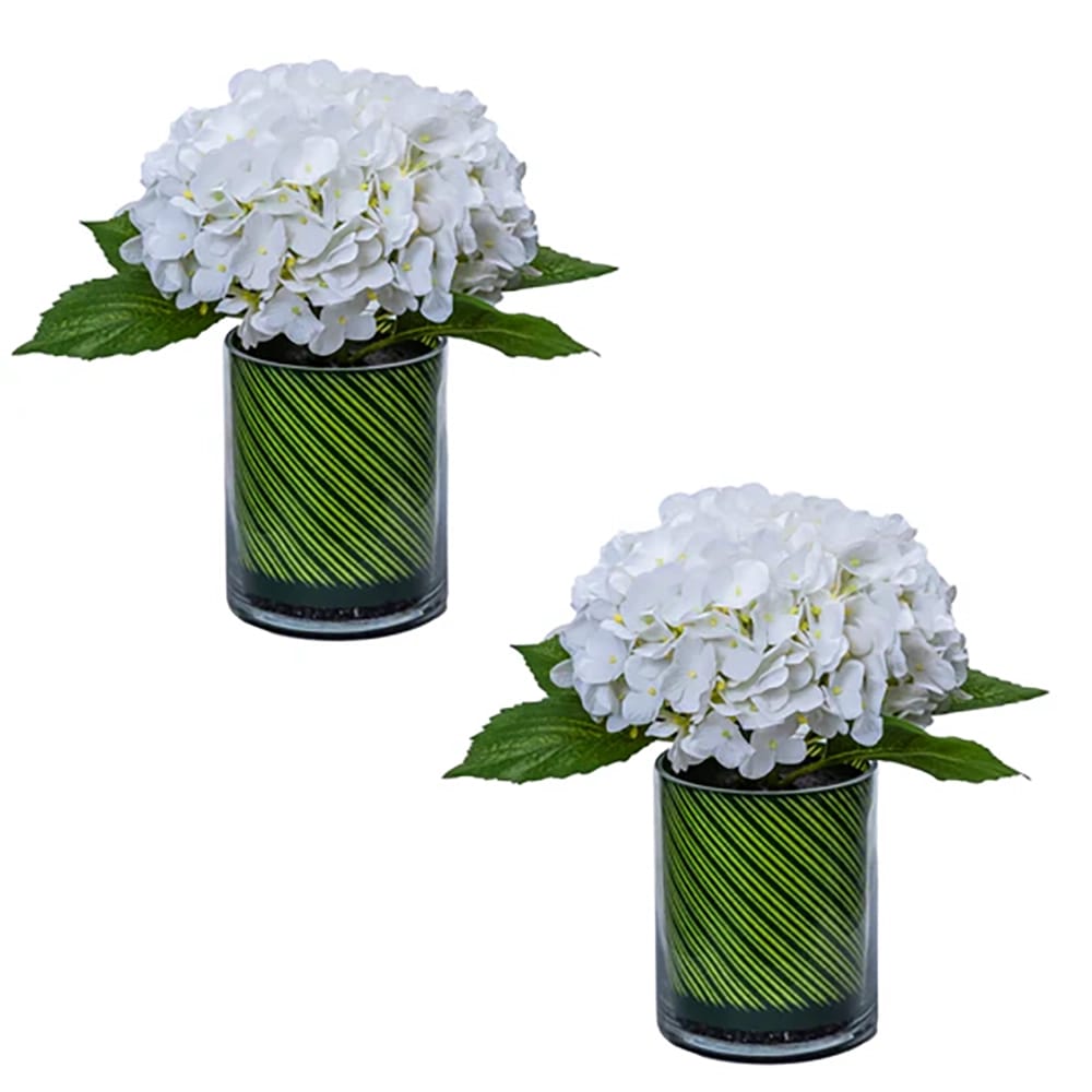 Vintage Home 12.5" Hydrangea Floral Arrangements in Circular Vases, White, 2 Pack