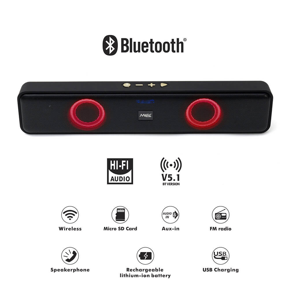 MiLife Portable Bluetooth Sound Bar Speaker with Multicolor LED Lights & FM Radio