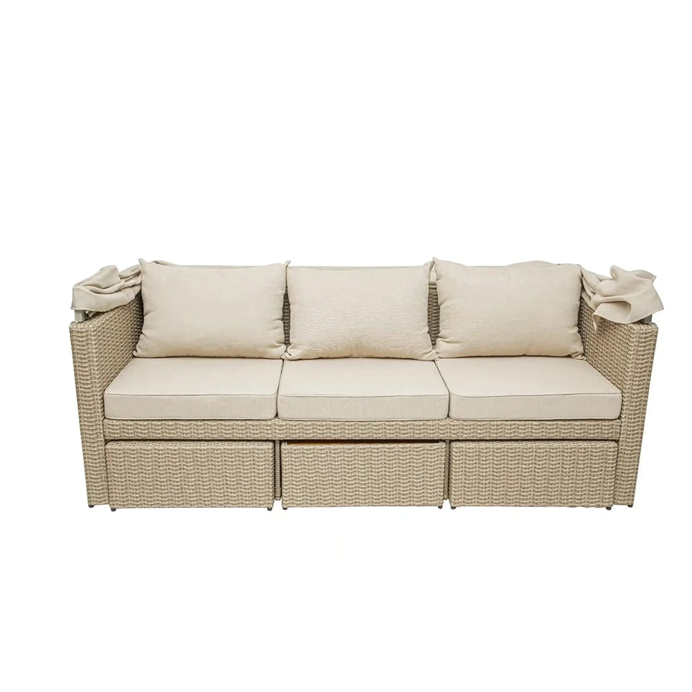 Deko Living Outdoor Wicker Patio Sofa with Canopy and Ottoman Set, Beige