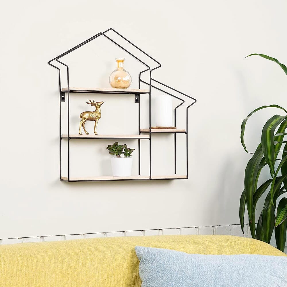 Greenco Natural Geometric House Shaped 3-Tier Floating Shelves, Natural/Black
