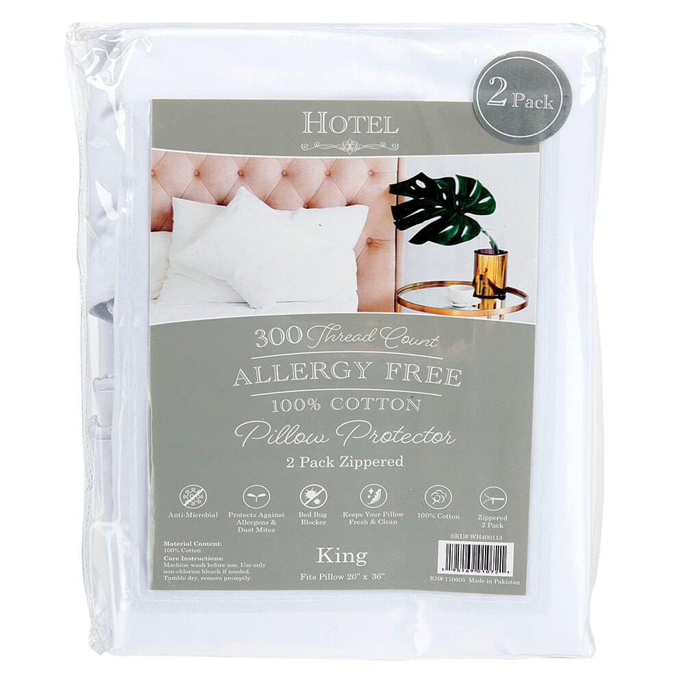 Allergy Free King Cotton Zippered Pillow Protectors, 2 Pack