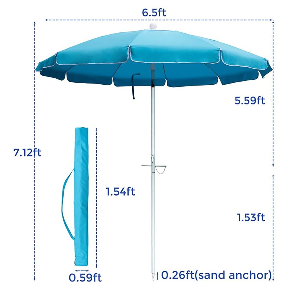 6.5' Beach Umbrella with Sand Anchor, Tilt Pole & Push-Button Close, Turquoise