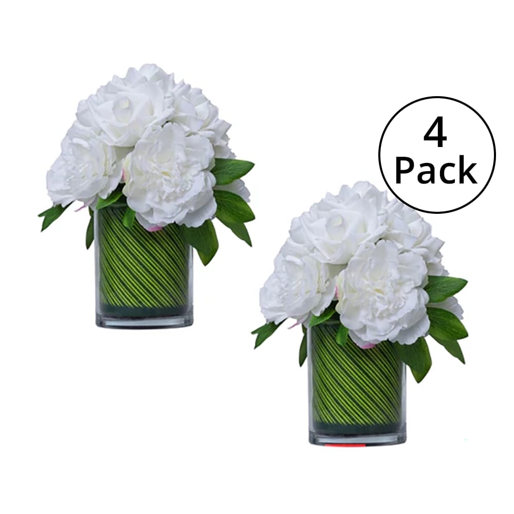 Vintage Home 13" Peony and Rose Bouquet in Circular Vase, White, 4 Pack