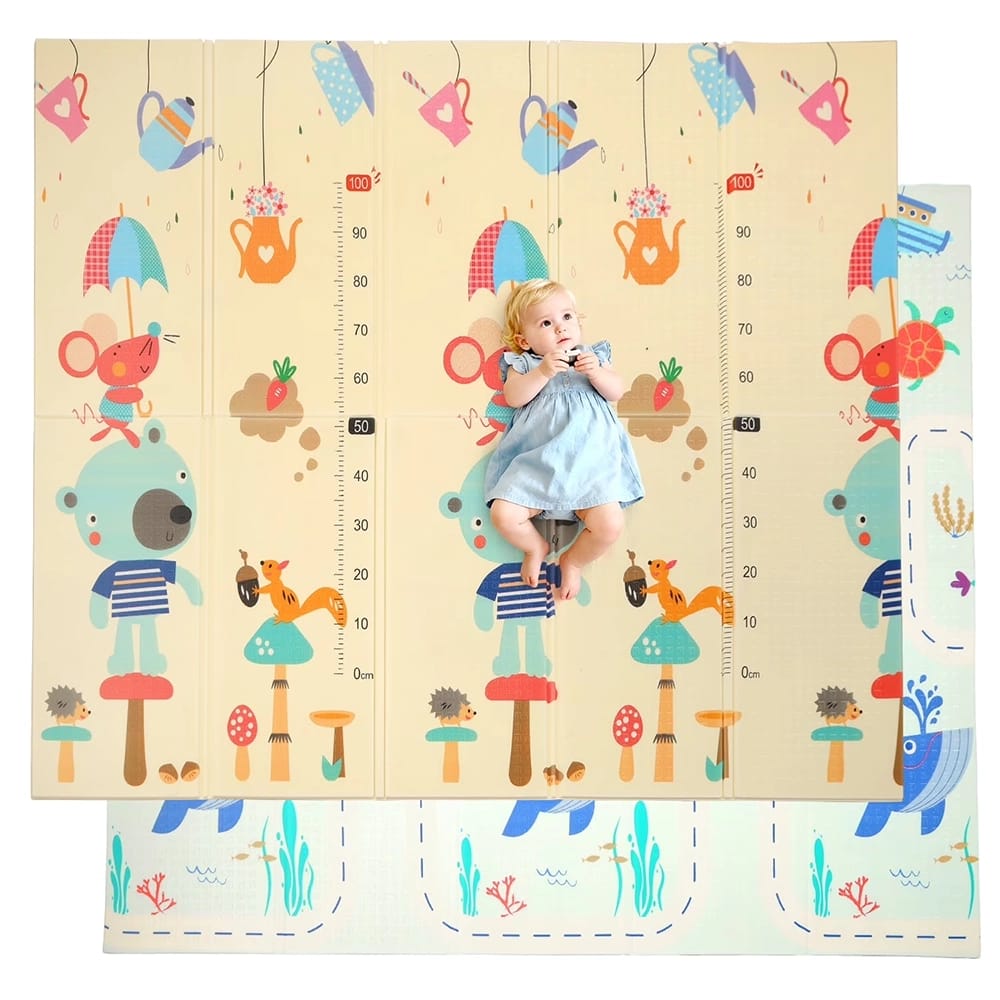 Foldable Baby Crawling Play Mat, Cartoon Bear Pattern, 77" x 70"