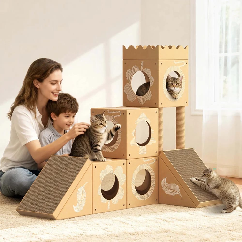 PalNests Small 3-in-1 Modular Cardboard Cat Tree & Scratcher House, Nature