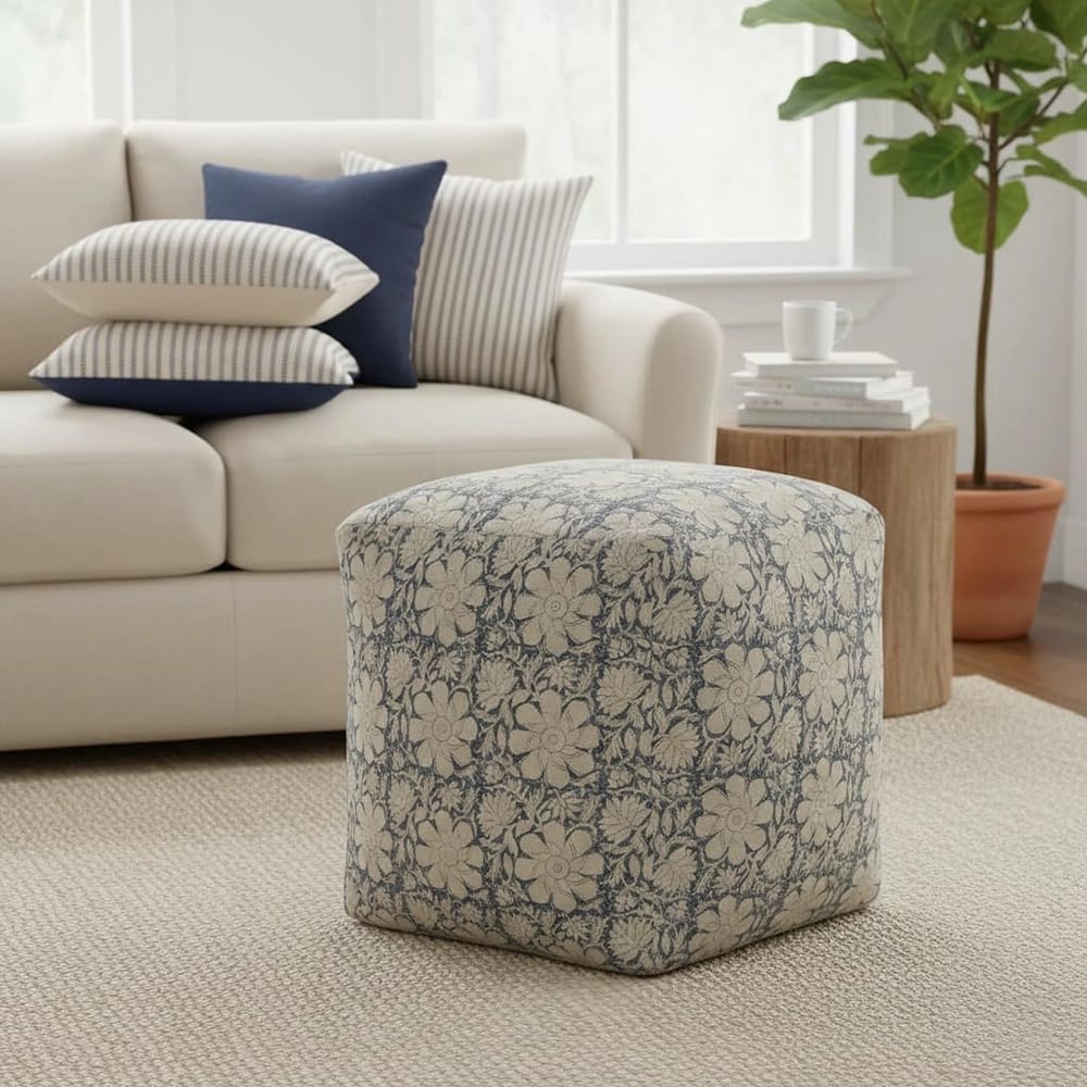 LR Home Floral Pouf, Beige/Blue