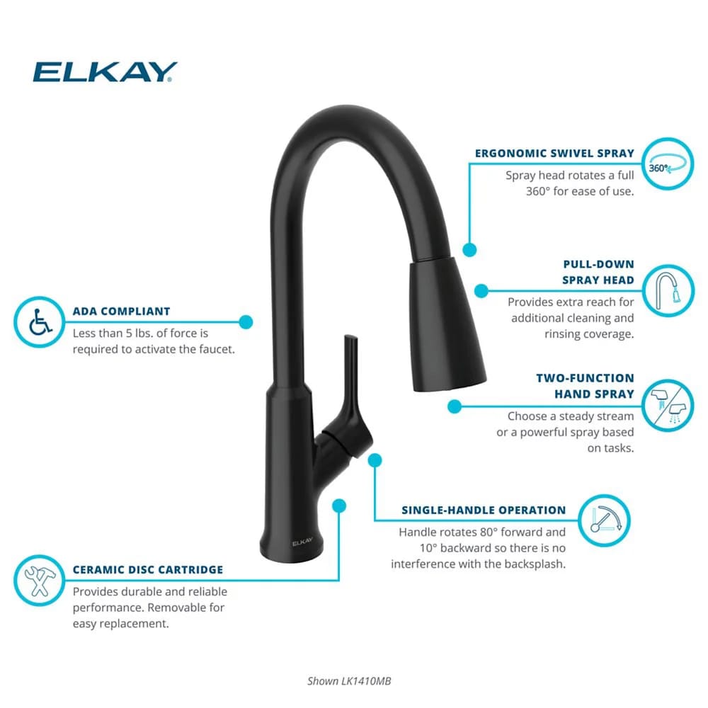 Elkay Single Hole Pull-Down Kitchen Faucet, Matte Black