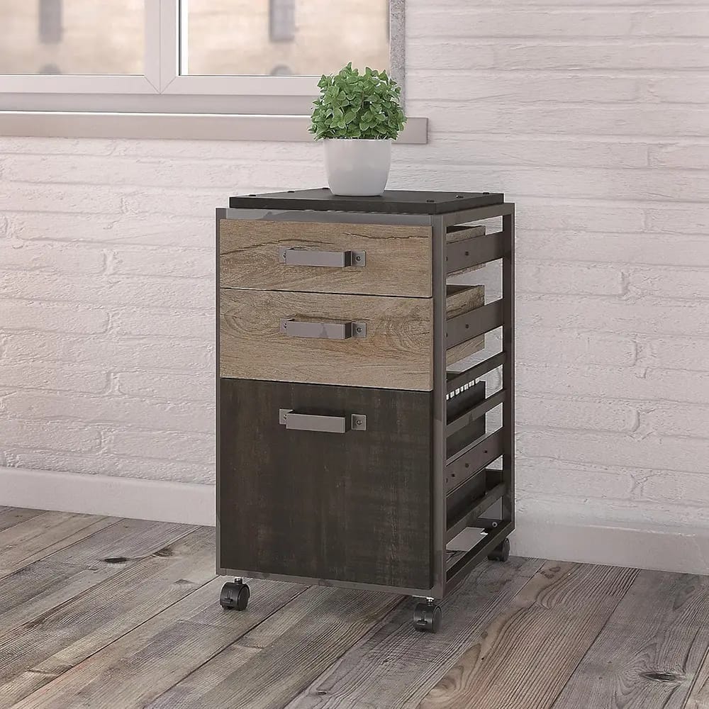 Bush Home Refinery 3 Drawer Mobile File Cabinet, Rustic Gray/Charred Wood