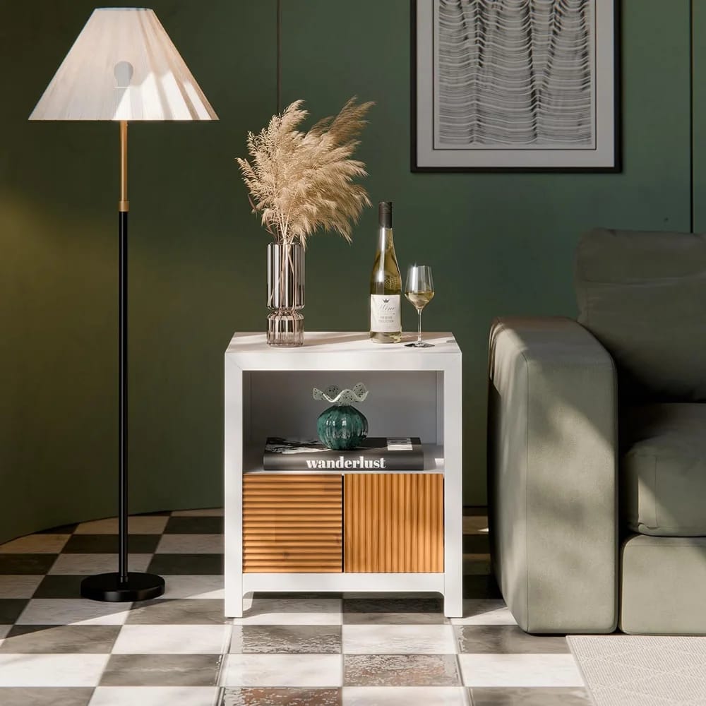 Bme Madia Solid Wood 1-Drawer Nightstand, Ivory/Teak