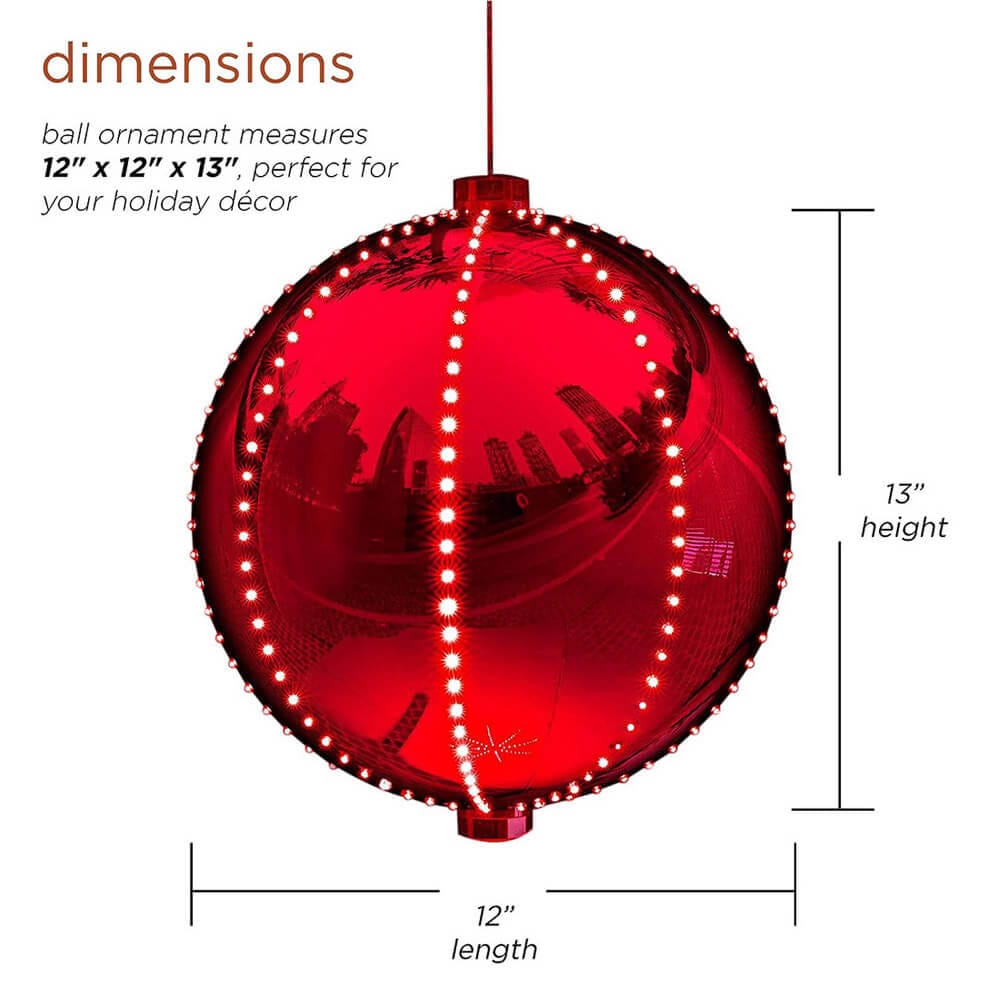 Alpine 13" Large Hanging Christmas Ball Ornament with 240 Warm White Chasing LED Lights & 6 Light Effects, Red