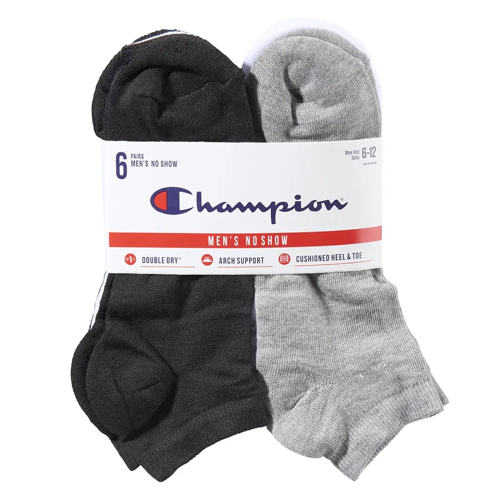 Champion Men's Ankle Socks, White, Black, Gray, 6 Pairs, Shoe Size 6-12
