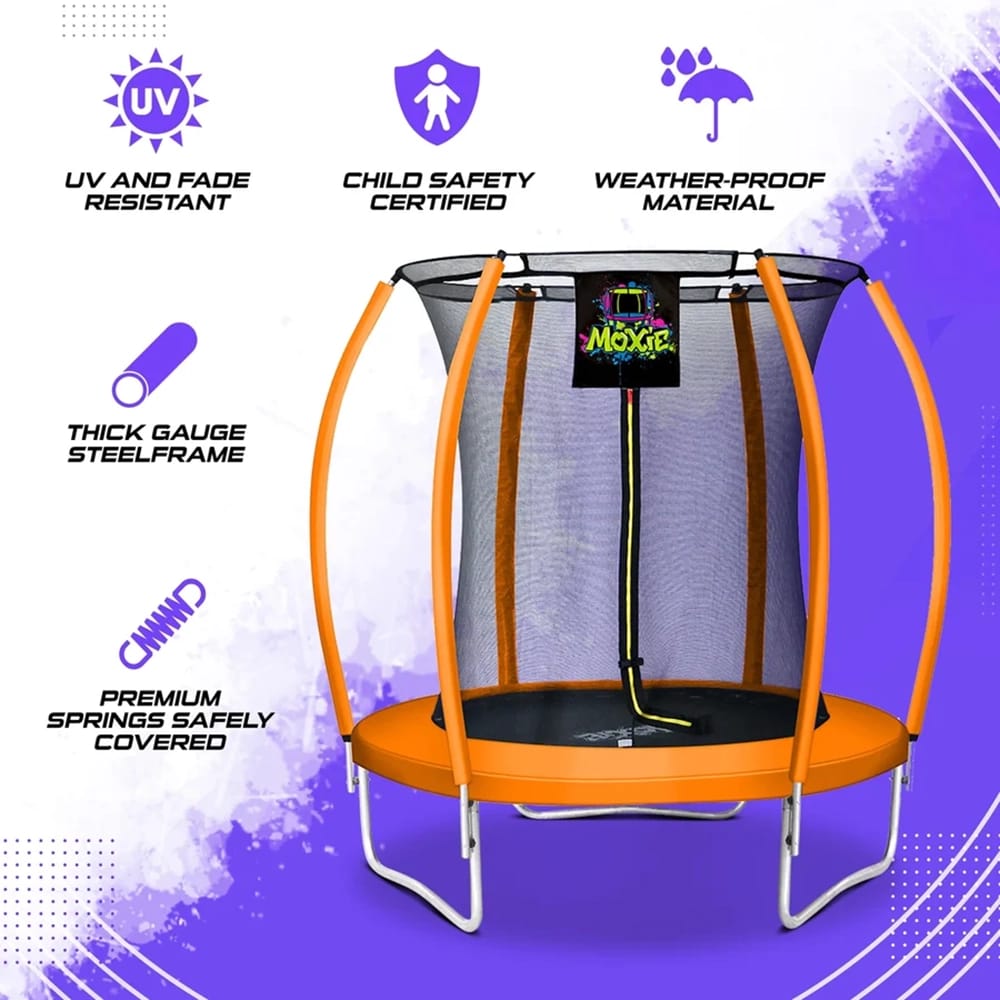 Machrus Moxie Pumpkin-Shaped Outdoor Trampoline Set with Premium Top-Ring Frame Safety Enclosure, Orange, 6'