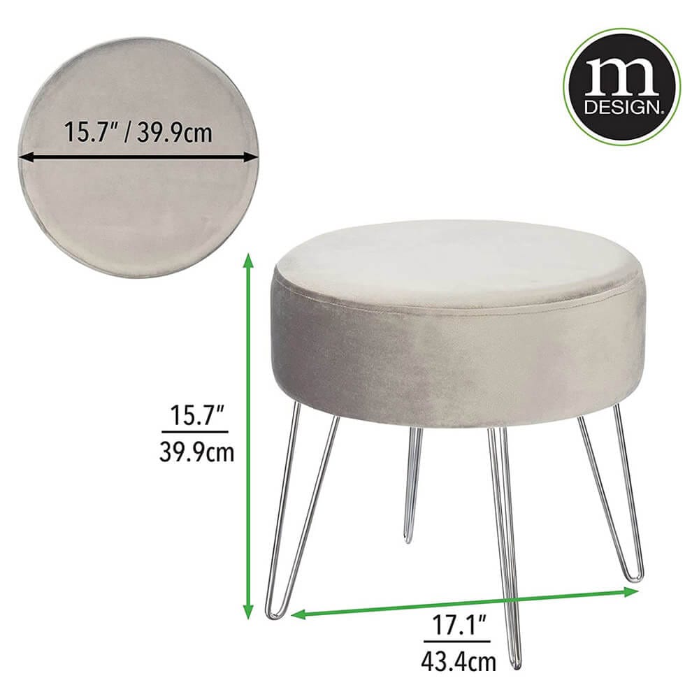 mDesign Round Padded Ottoman with Metal Hairpin Legs, Gray/Chrome