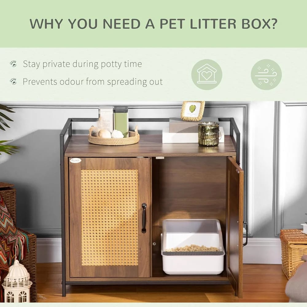 PawHut Wicker Style Litter Box Cabinet, Brown