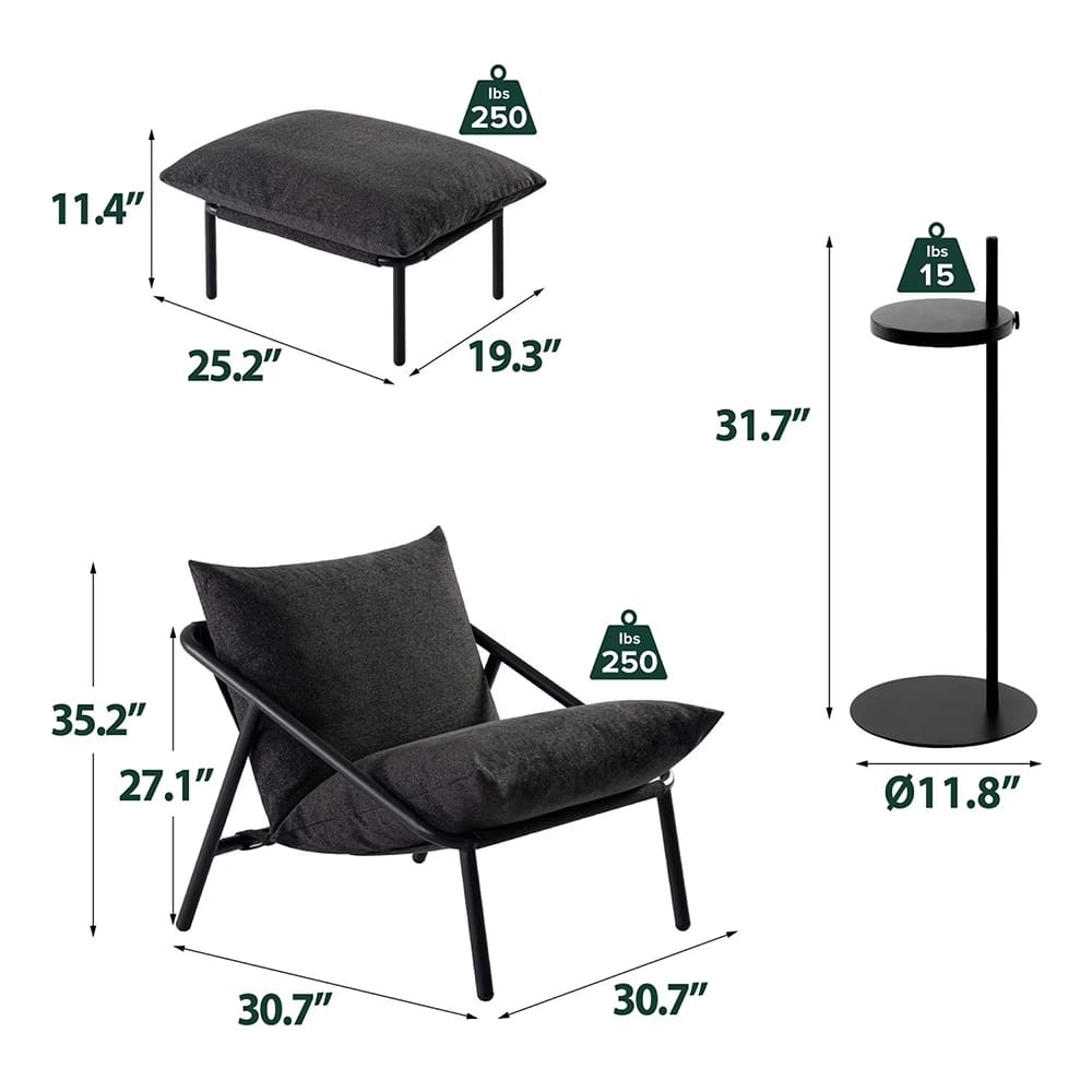 Zinus Callie Sling Chair with Ottoman and Drink Table, Dark Gray