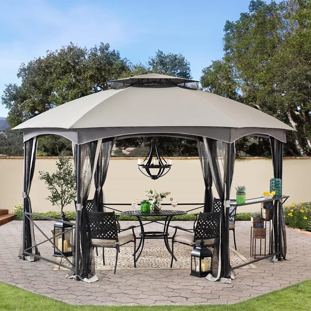 Sunjoy 2-Tone Steel Gazebo with 2-Tier Dome Roof, 14.7' x 12.7', Gray