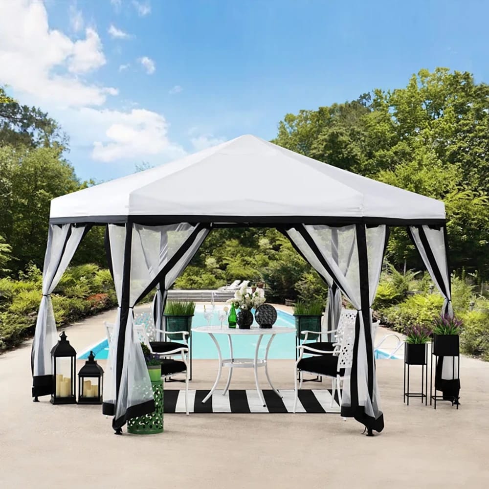 Sunjoy Outdoor 2-Tone Hexagon Pop Up Gazebo, 11' x 11', White/Black