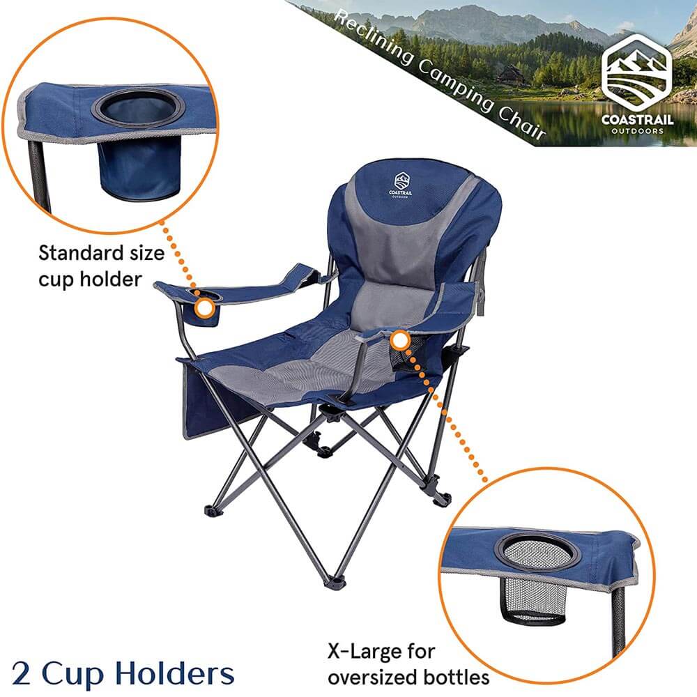 Coastrail Outdoor 3-Position Reclining Camp Chair with Cup Holders, Blue/Gray