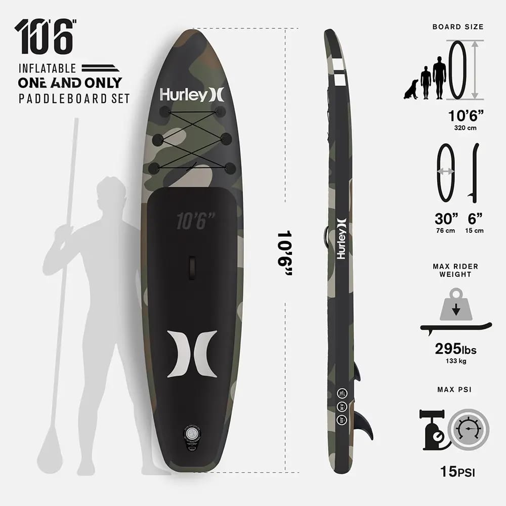 Hurley One and Only 10’6” Inflatable Stand Up Paddle Board, Camo