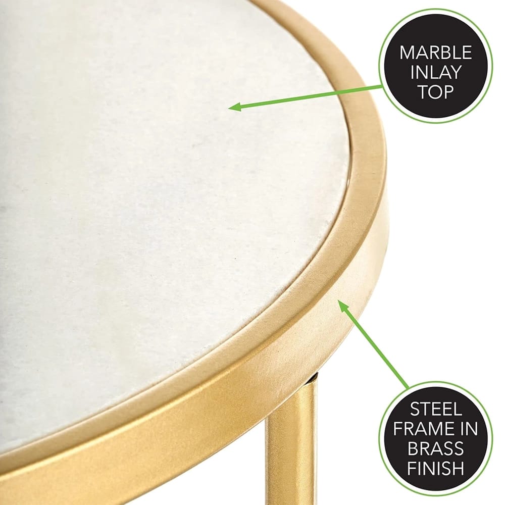 mDesign Round Metal Side Table, Brass/Marble