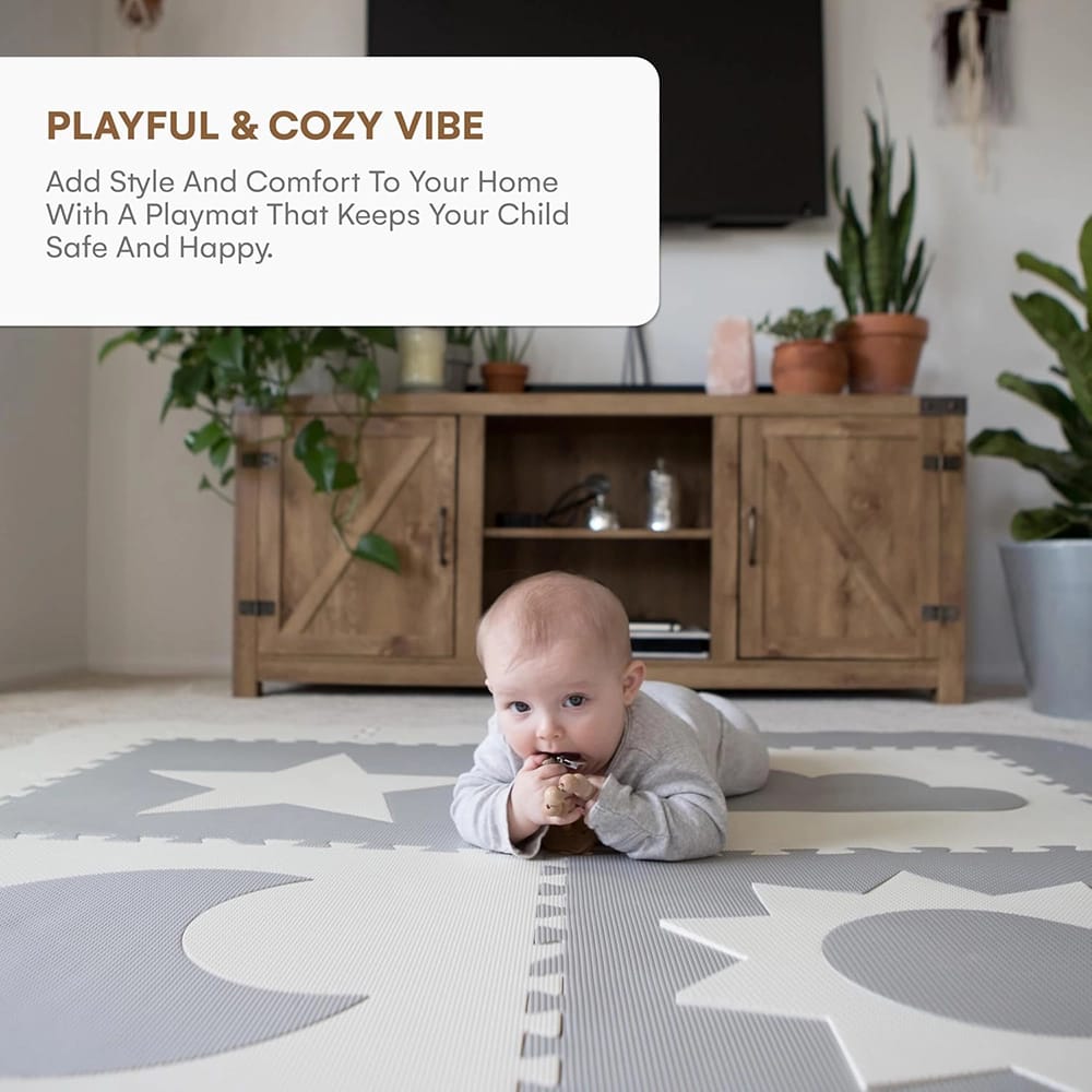 Childlike Behavior Baby Play Mat Tiles, 61" x 61", Gray/White