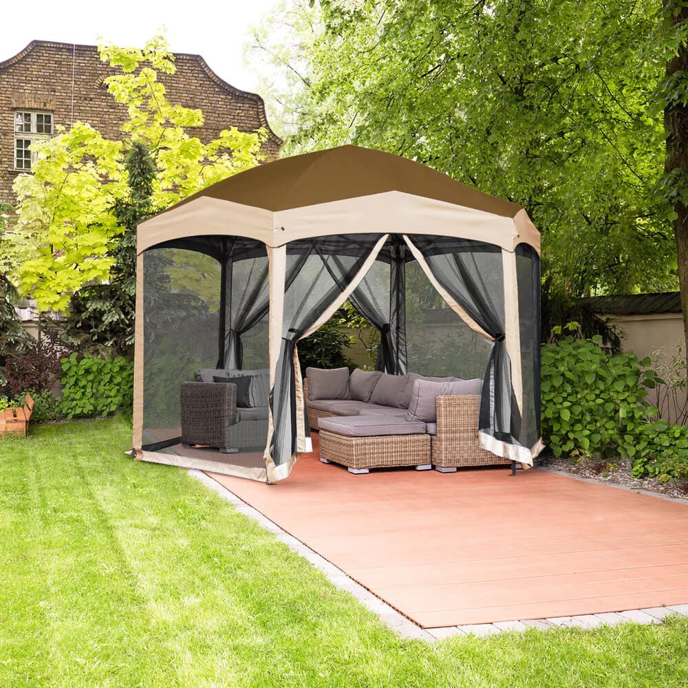 Hexagonal Pop-Up Gazebo with Mosquito Netting, Light Brown