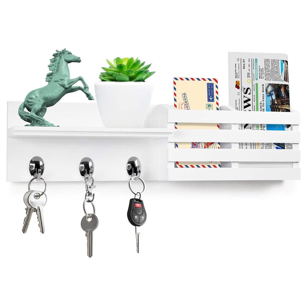 Greenco Entryway Wall-Mounted Floating Shelf with 3 Hooks, Letter Holder & Hanging Shelf, White