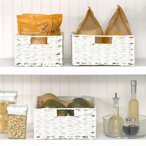 mDesign Woven Kitchen Pantry Storage Basket, White, 3 Pack