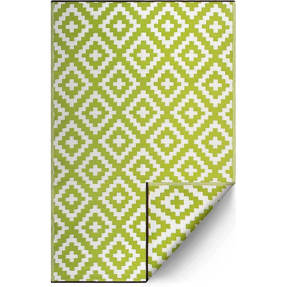 FH Home Reversible Outdoor Area Rug, 5' x 8', Aztec-Green/White